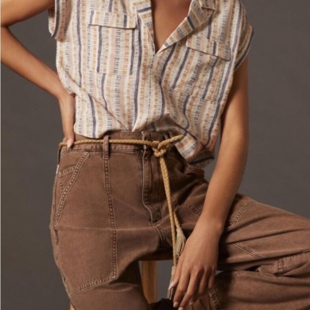 By Anthropologie Cropped Utility Pullover Top Striped Tan Purple Pink Size small - Picture 3 of 10